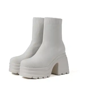 Womens Platform Ankle Sock Boots Round Toe Chunky Block High Heel Pull On Stretch Soft Knit Comfortable Fashion Dress Party Trendy Booties