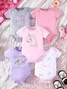 Newborn 5-piece adorable cartoon print set, summer baby girl short-sleeved bodysuit with button design for easy care, perfect for daily wear and special occasions, ideal for outdoor activities