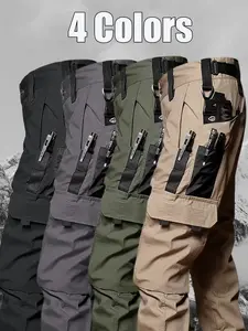 Men's durable outdoor training pants, men's multi-pocket work pants, men's solid color and  printed pocket zipper waterproof tactical cargo pants without belt, regular fit sports pocket durable autumn pants.