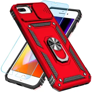 Compatible with  8/7/6 Plus Case with HD Screen Protector & Slide Camera Cover & Rotated Ring Kickstand, [-Grade] Phone Case for  6/7/8 Plus (Red)