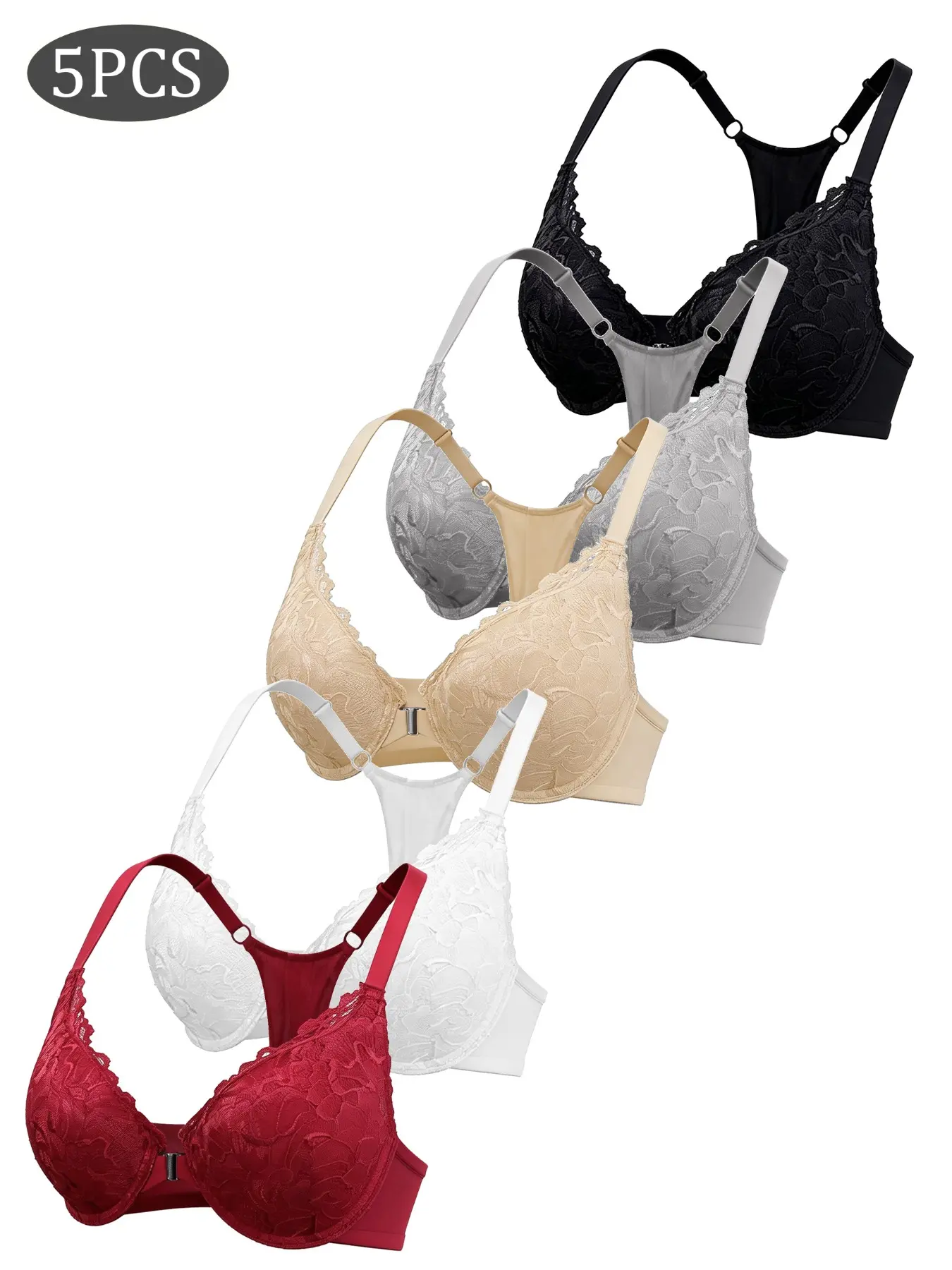 5-Pack Elegant Chic Front Closure Lace Bras for Women with T-Back Design, Cleavage Bra, Push-Up & Supportive, Elegant, Comfortable & Breathable, Adjustable Straps, Multiple Colors Available