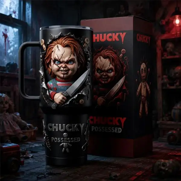 WexAnime 40oz Chucky Print Vacuum Flask - Double-Wall Vac. Stainless Steel, Movie Theme Drinkware, Leak-Proof Washable Straw Lid with Black Cap & Handle, 12H Hot/24H Cold Retention, Valentine Gift Kitchenware