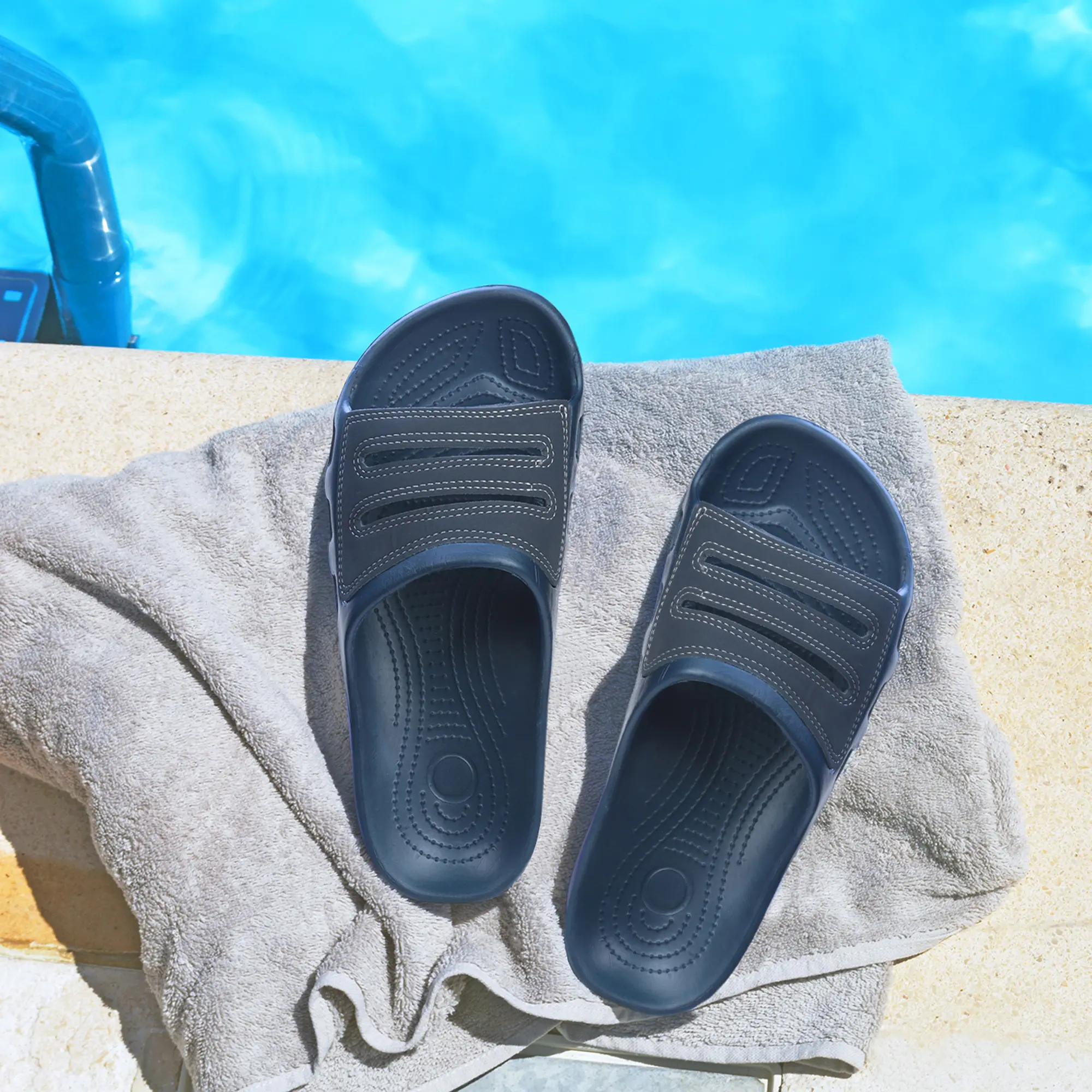 Roxoni Slide Sandals for Men Open Toe Slip-On Waterproof Rubber for Beach Pool Gym Travel Wear Lightweight Comfortable Design