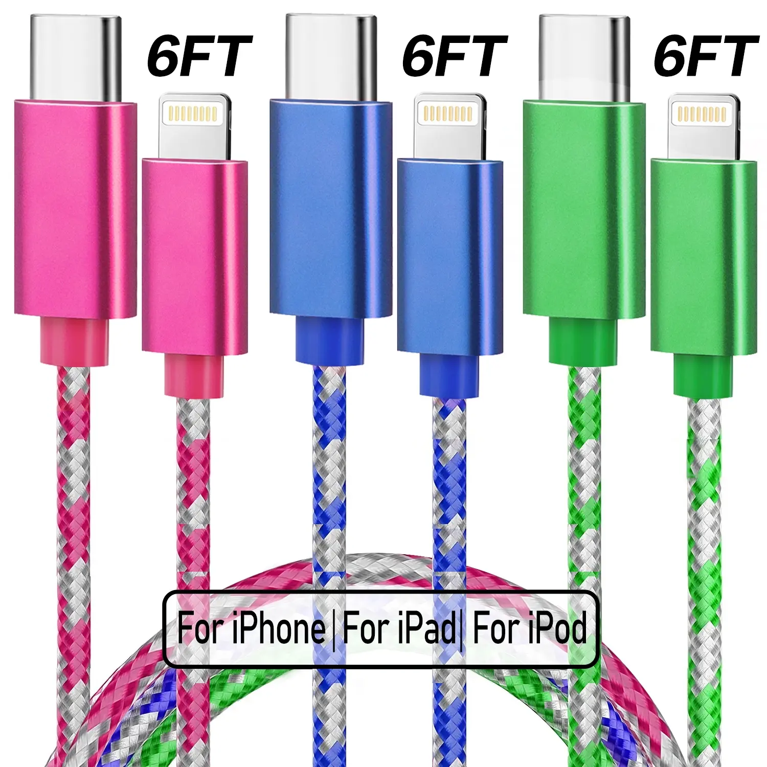 3-Pack 6ft Mfi Certified USB-C to Lightning Cable, Durable Nylon Braided Charging Cables for iPhone 14/13 Series & More Colors Available Type C Charger