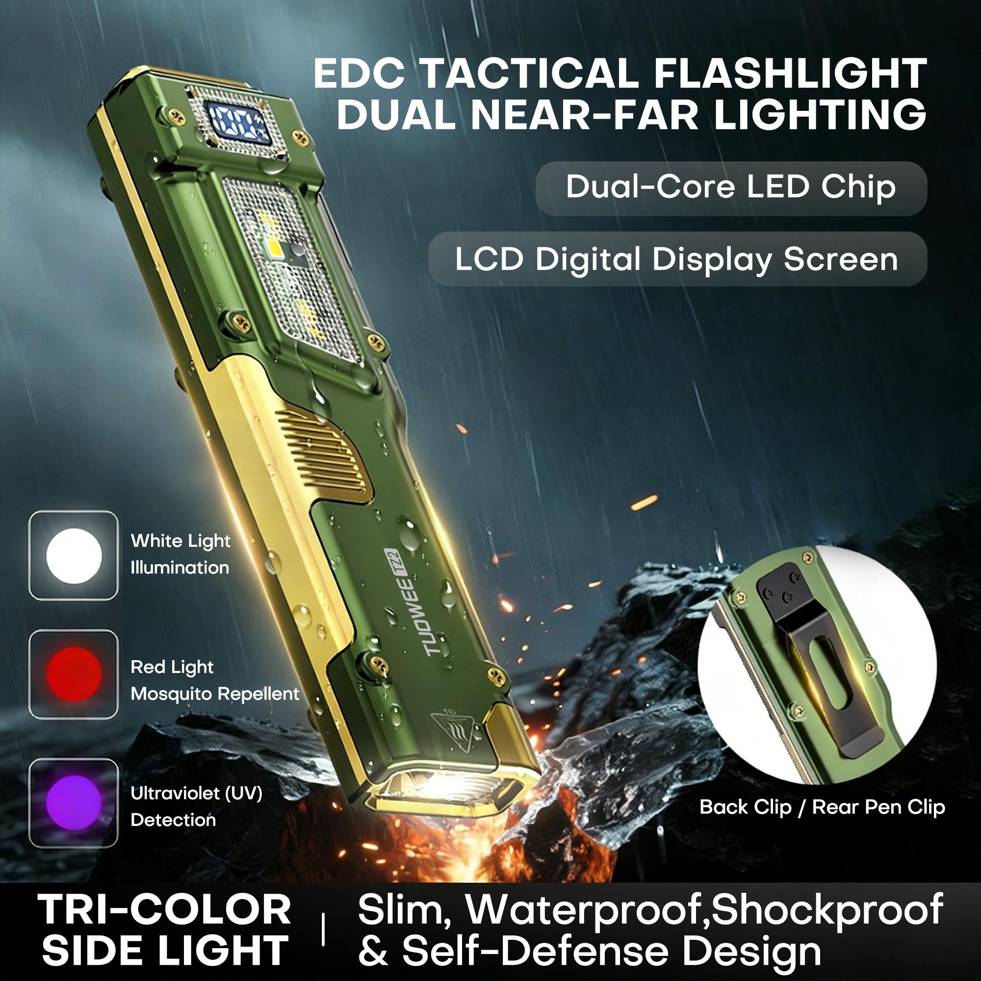 EDC Flat Tactical Torch, Red Alert Light, UV And White LED Combo Side Illumination, Portable Light, Outdoor Emergency Work Triple Illumination (Black), Rechargeable, Battery Level Indicator