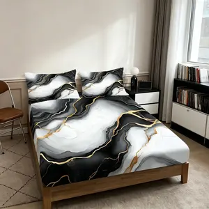 Modern abstract marble bed sheet 3-piece set, Fitted sheet set, Nordic style non slip mattress protection set (1 bed sheet+2 pillowcases, excluding core), suitable for bedrooms and guest rooms, a gift for family and friends