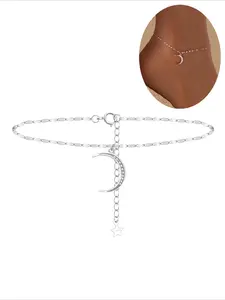 925 Sterling Silver Moon & Star Design Anklet, Artificial Gemstone Decor Anklet for Women & Girls, Trendy All-match & Exquisite Jewelry for Birthday Gift, Moon And Star Design, Adjustable Anklet