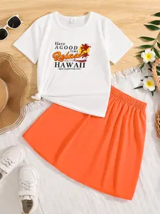 Girls' Hawaiian 2-Piece Outfit: Breathable Quick-Dry T-Shirt & Skirt | Ideal for Summer Beach Trips & Great as Easter/Carnival Gifts