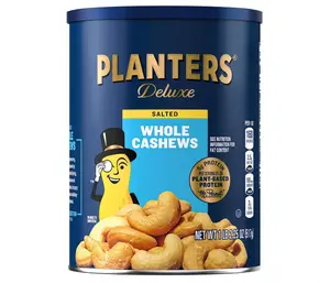 PLANTERS Deluxe Salted Whole Cashews, Party Snacks, Plant-Based Protein, Quick Snack for Adults, After School Snack, Roasted Cashew Flavored with Sea Salt, Bulk Nuts, Kosher, 1 lb 2.25oz Canister