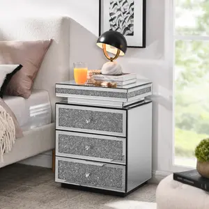 Mirrored Nightstand with 3 Drawers Silver Nightstand with Crystal Inlay Mirror End Table Modern Bedside Table Glass Table for Bedroom 13.8''W x 17.7" L x 23.6" H