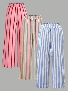 3 Pack Women Summer Long Pants Breathable Striped Wide Leg Trousers for Girls