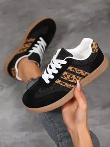 Women's Spring & Fall New Large Size Flat Leopard Print Sneakers, Colorblock Retro Casual Sports Leisure Shoes, All Seasons Comfortable Footwear