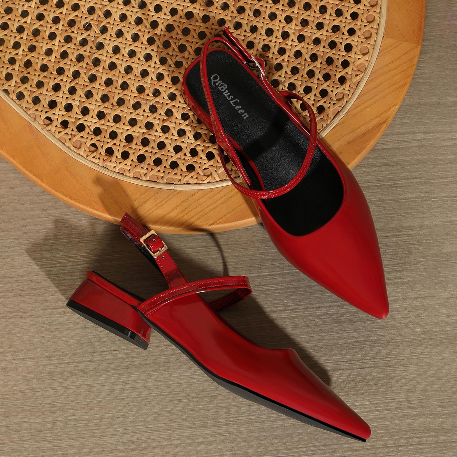 Women's Cute Solid Wedding Pointed Toe Adjustable Strap Buckle Low Heel Pumps Shoes 0.98 Inch, Red Closed Toe Strappy Pumps for Women Comfortable, Sexy Party Work Dress Prom Shoes