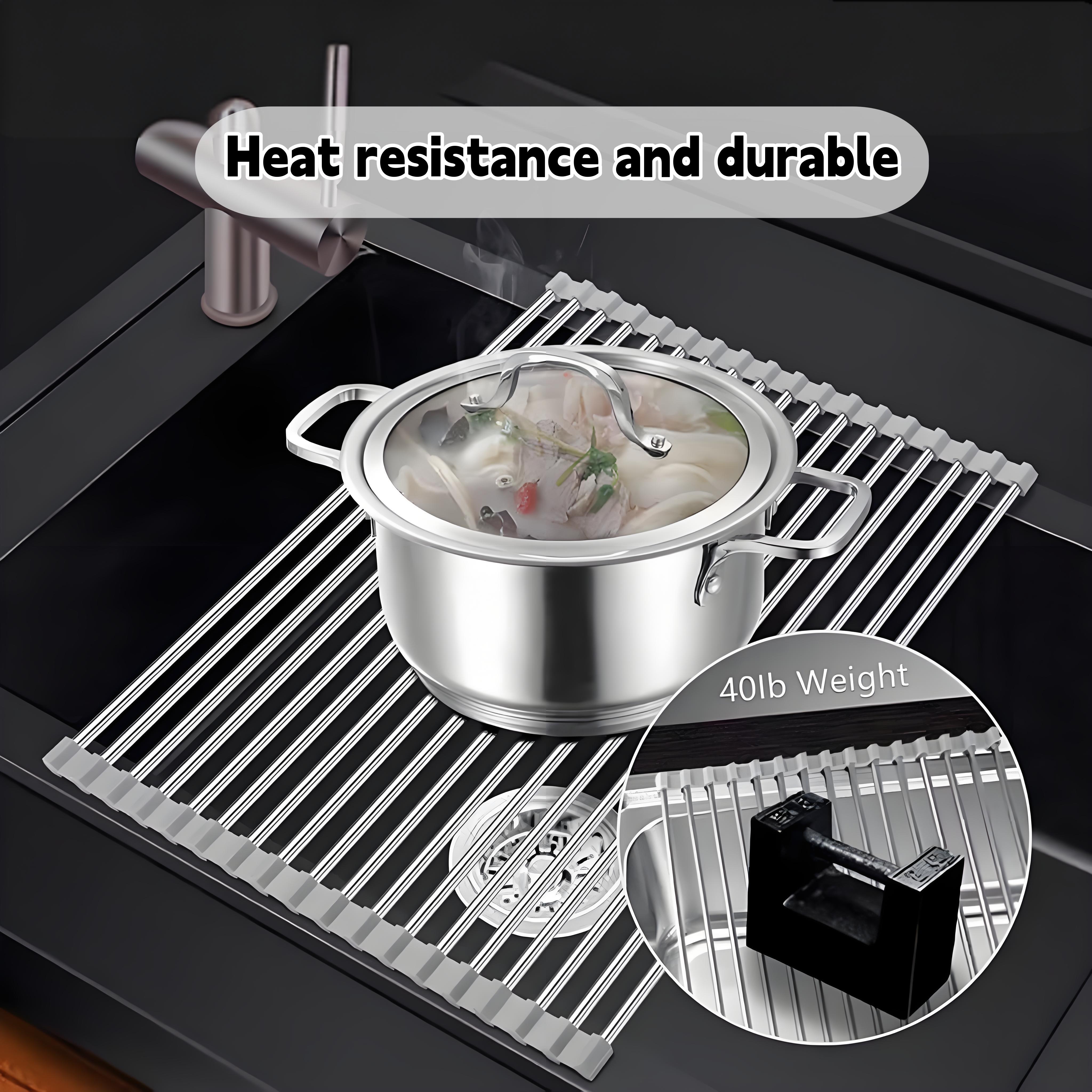 Space Saving Foldable Kitchen Drying Rack Roll-Up Dish Rack for Sink Heat Resistant Stainless Steel & Silicone Multi-Functional Over Sink Dish Mat for Home Travel Apartment Use