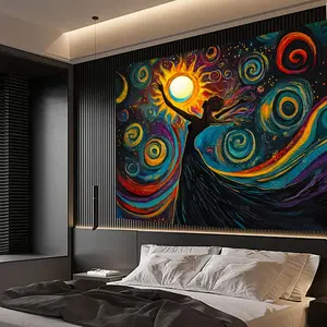 1 large tapestry - Inspired by Van Gogh's Starry Night and Kandinsky's artistic style, featuring a sunflower pattern, bohemian colorful swirl pattern, in blue/yellow/purple/red/gold tones, suitable living room, bedroom, durable