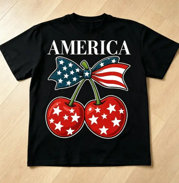 America Star Cherry American Flag Bow Retro Patriotic Summer Graphic Short Sleeve T-Shirt, Unisex Fourth Of July Holiday Casual Tops, 100% Pure Cotton Printed Craft Summervibes Tee, Soft Breathable Relaxed Fit everyday outfits