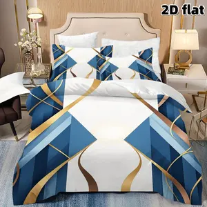2D Flat 3Pcs Geometric Modern Abstract Duvet Cover, Blue and Gold Luxury Pattern Comforter with 2 Pillowcases, Soft Microfiber Modern Bedding Set for Bedroom Home Decor