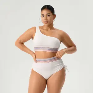 Women's High Waisted Bikini Sets Ribbed One Shoulder Two Piece Swimsuits with Padded Bra & Tummy Control Color Block Drawstring Bathing Suit for Summer - Clothes