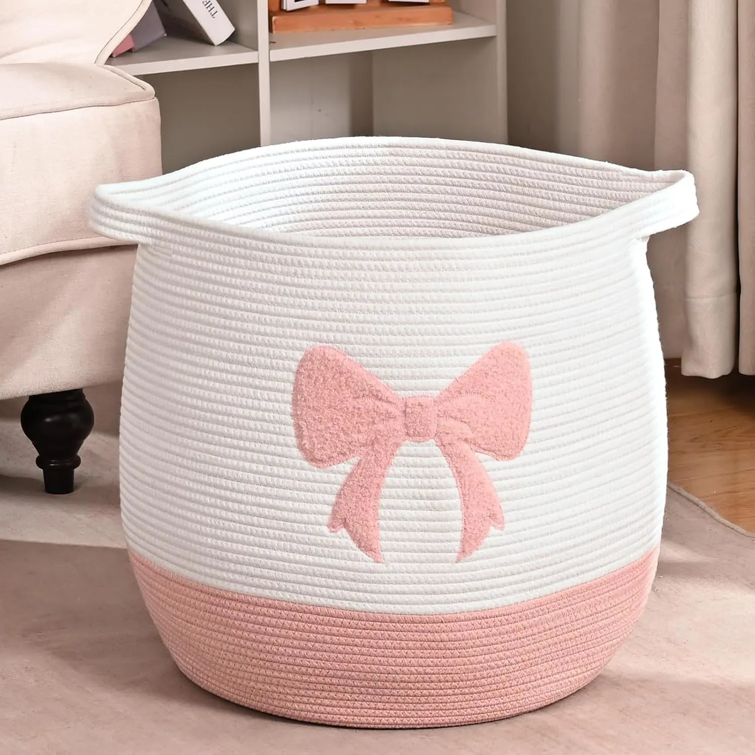 Large Baby Laundry Hamper, Pink Bow Laundry Basket for Baby Girl, Toy and Blanket Storage Basket for Nursery and Playroom, Cotton Rope Hamper for Kids, 17.7"x15.7" Boho Jute Foldable