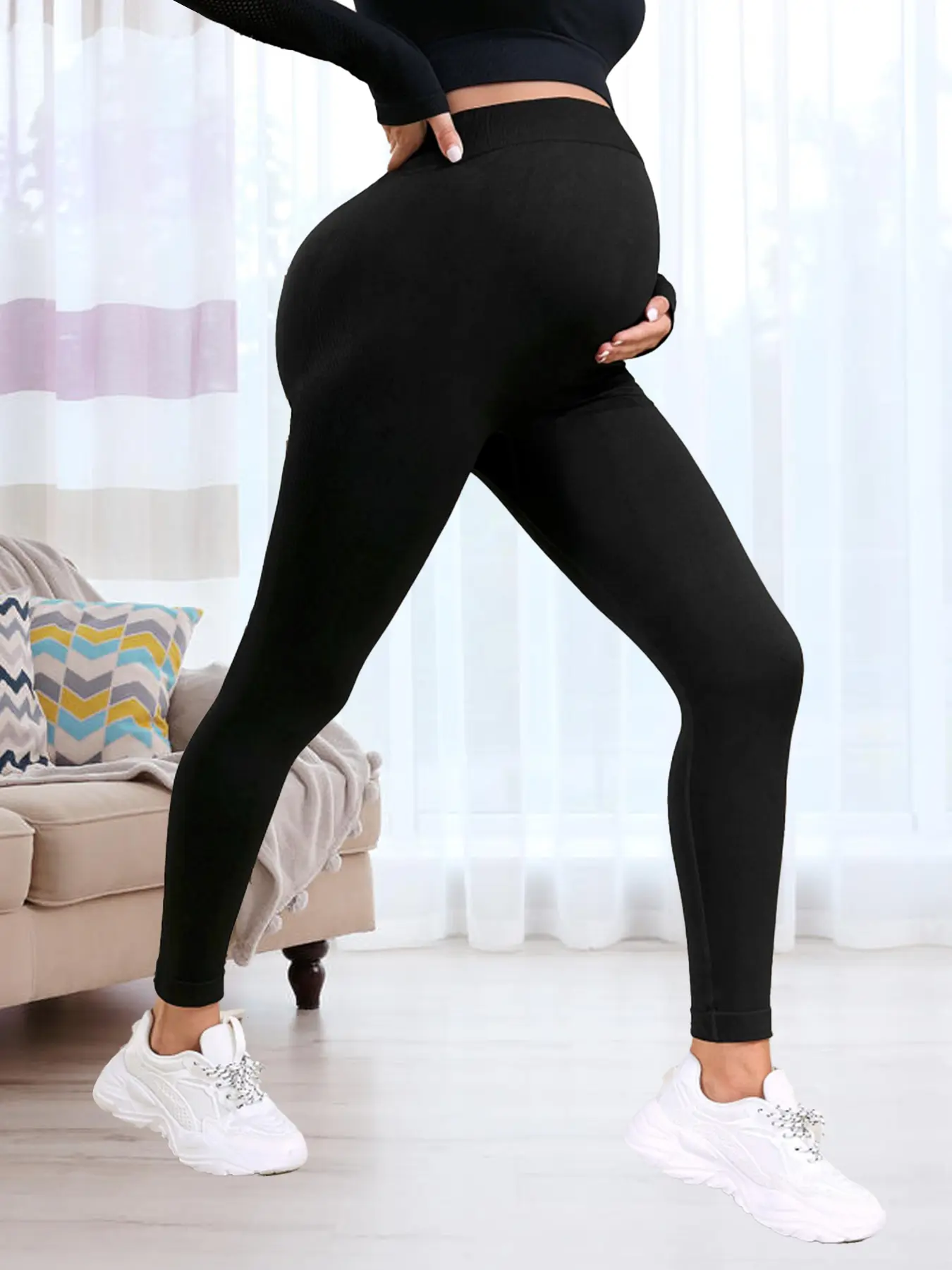 Women's Basic Solid High Waist Maternity Leggings, Tight-fitting High Stretch Seamless Yoga Leggings, Women Leggings for & Postpartum, Maternity Clothing, Prenatal Maternity Clothing, Pregnancy Clothes