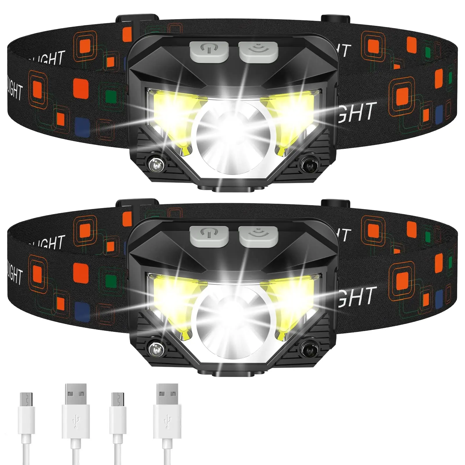 GJANSH Headlamp Flashlight, Lumen Ultra-Light Bright LED Rechargeable Headlight with White Red Light, 2-Pack Waterproof Motion Sensor Head Lamp,8 Modes for Outdoor Camping Running Hiking Fishing