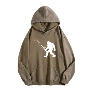 Classic Fit Washed Hoodie with Funny Bigfoot Squatchy Design – Unisex Fishing Black Small Sleeve