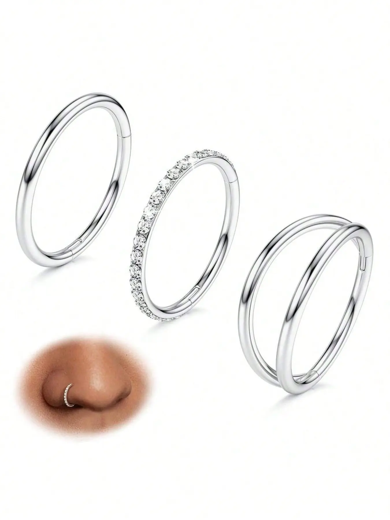 Elegant Zirconia Nose Stud Set, Minimalist Design Rhodium Plated Jewelry, Body Jewellery, Durable & Stylish Accessory for Women, Nose Hoop, Nose Rings Hoops