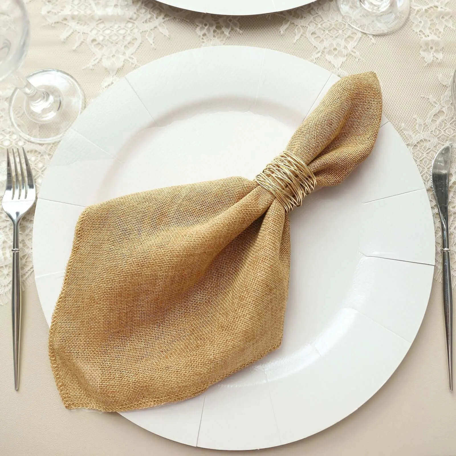 5-Pack Faux Jute Fabric Napkins, 19"x19" Gold - Authentic Look Shabby Chic Tableware for Wedding Party Decoration, Rustic Boho Events