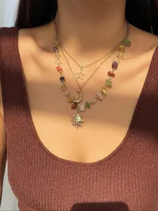 Women's Elegant Artificial Crystal & Star & Triple Moon Pendant Necklace, Fashion Jewelry for Party, Trendy All-match & Exquisite Jewelry for Gift, for Fall, Whimsical Necklace, Unique Gifts for Women, Statement Necklace, Necklace Stack