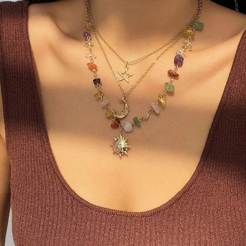 Women's Artificial Crystal & Star & Triple Moon Pendant Necklace, Decorative Necklace, Jewelry for Party, Jewelry for Gift, Statement Necklace, Stackable Necklace