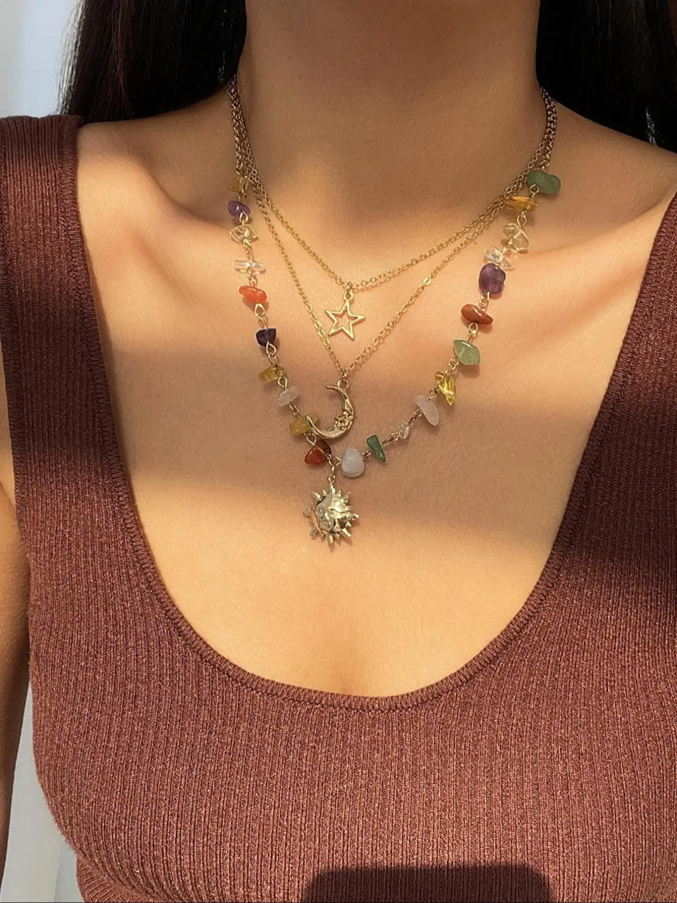 Women's Elegant Artificial Crystal & Star & Triple Moon Pendant Necklace, Fashion Jewelry for Party, Trendy All-match & Exquisite Jewelry for Gift, fo