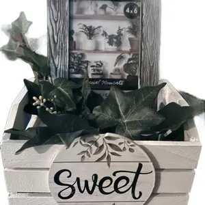 Handcrafted Farmhouse Style Distressed Painted Picture Frame in White Wood Basket with Greenery for Home Decor