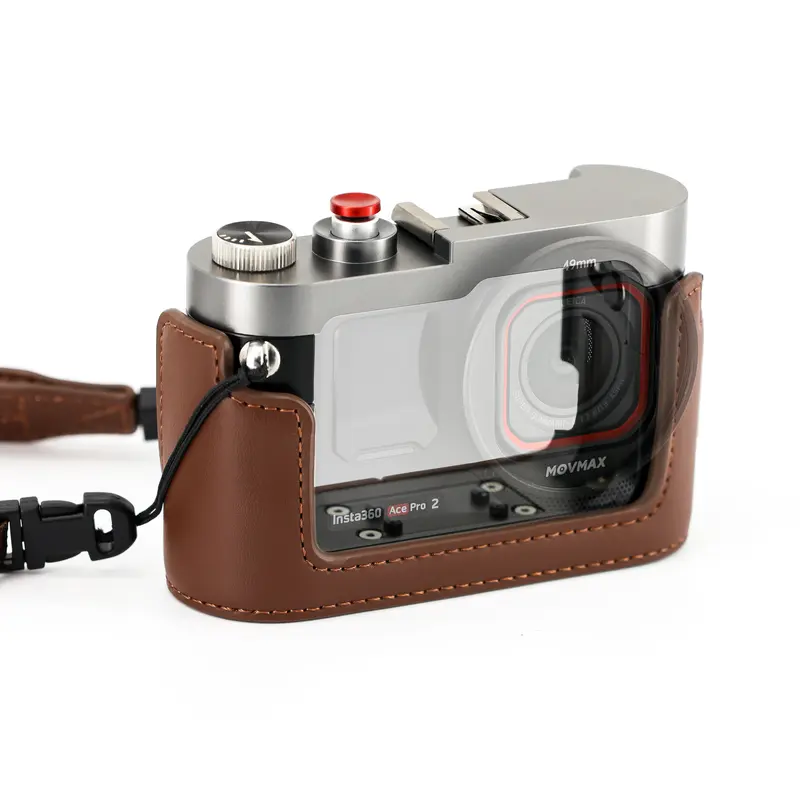 Movmax Vintage Leather-Aluminum Alloy Digital Camera Cage - Essential Camera Accessory for Content Creators, Compatible with Insta360 Ace Pro 2, DJI Osmo Action 5 Pro