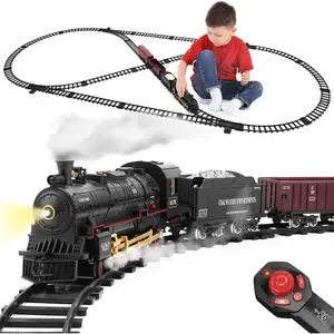 Train Set with Remote Control,Electric Train Track Around Christmas Tree W/Cargo Vehicle,Light  Sounds,Alloy Steam Locomotive Engine Train Toy Gift for Boys Girls 4 5 6 7 8 9 10