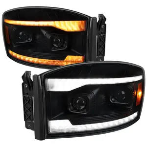2006–2008 Dodge RAM 1500 / 2006–2009 RAM 2500 3500 Projector Headlights with Switchback LED Strips, Sequential Turn Signals, DRL & Startup Animation (Black Housing / Smoked Lens)