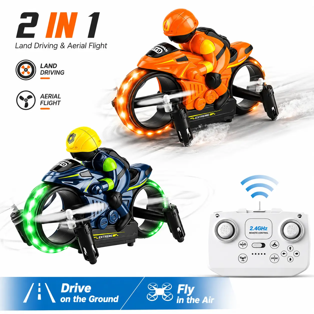 2-in-1 Land & Air RC Flying Motorcycle Toy Drone, 360° Stunt Flip, Headless Mode, LED Lights, 1-Key Takeoff, Barometric Hover, Remote Control Drone Car for Kids, Top Birthday Gift