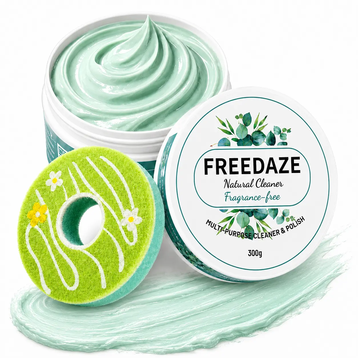 FREEDAZE Natural All Purpose Cleaning Paste – Shell Powder & Coconut Oil, All Washable Surfaces Cleaner & Polish with Donut Sponge (10.58 oz)