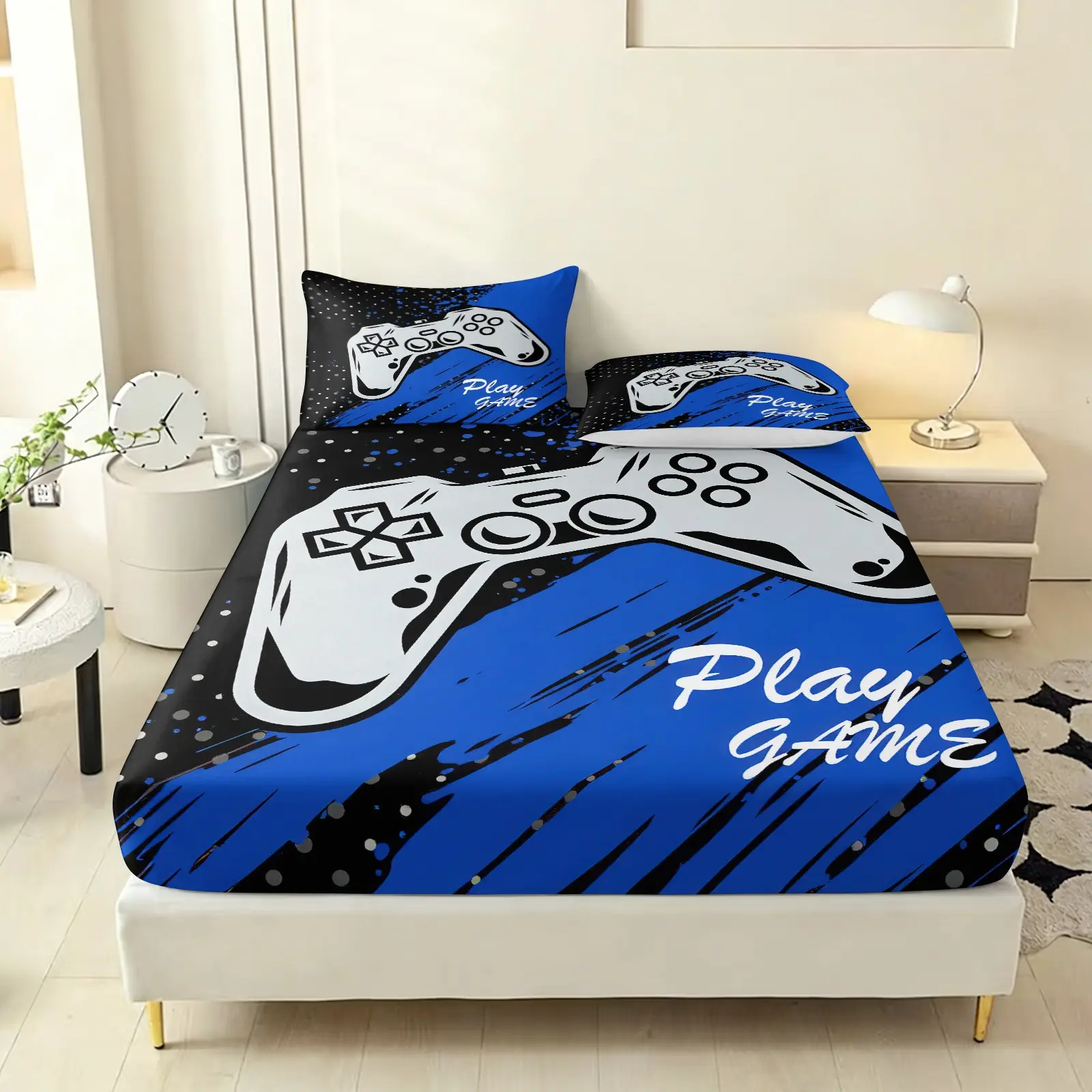 Valentine's Day Gamer Couple Bedding Set, Play Game Controller Design, Includes 1 Fitted Sheet & 2 Pillowcases, No Pillows Included