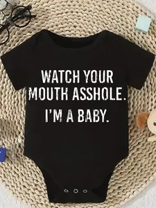 Cute Baby Bodysuit With Watch Your Mouth ... I'M A Baby Print Soft Versatile Round Neck Button Detail Regular Fit All Seasons Knitted Fabric Onesie Newborn Onesies