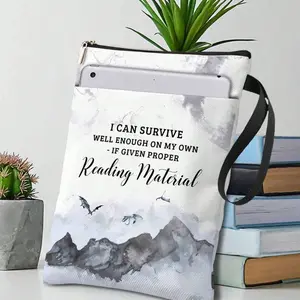 Watercolor Dragon and Mountain Print Book Cover, Fun Reading Quotes, Wrist Strap Sailcloth Zipper Protector, Perfect Gift for Book Lovers