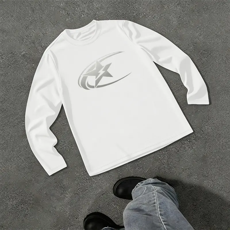 Men's 100% cotton long-sleeve T-shirt featuring a star and lightning bolt graphic; crew neck, long sleeves; Y2K streetwear style—a retro, casual basic for everyday wear.