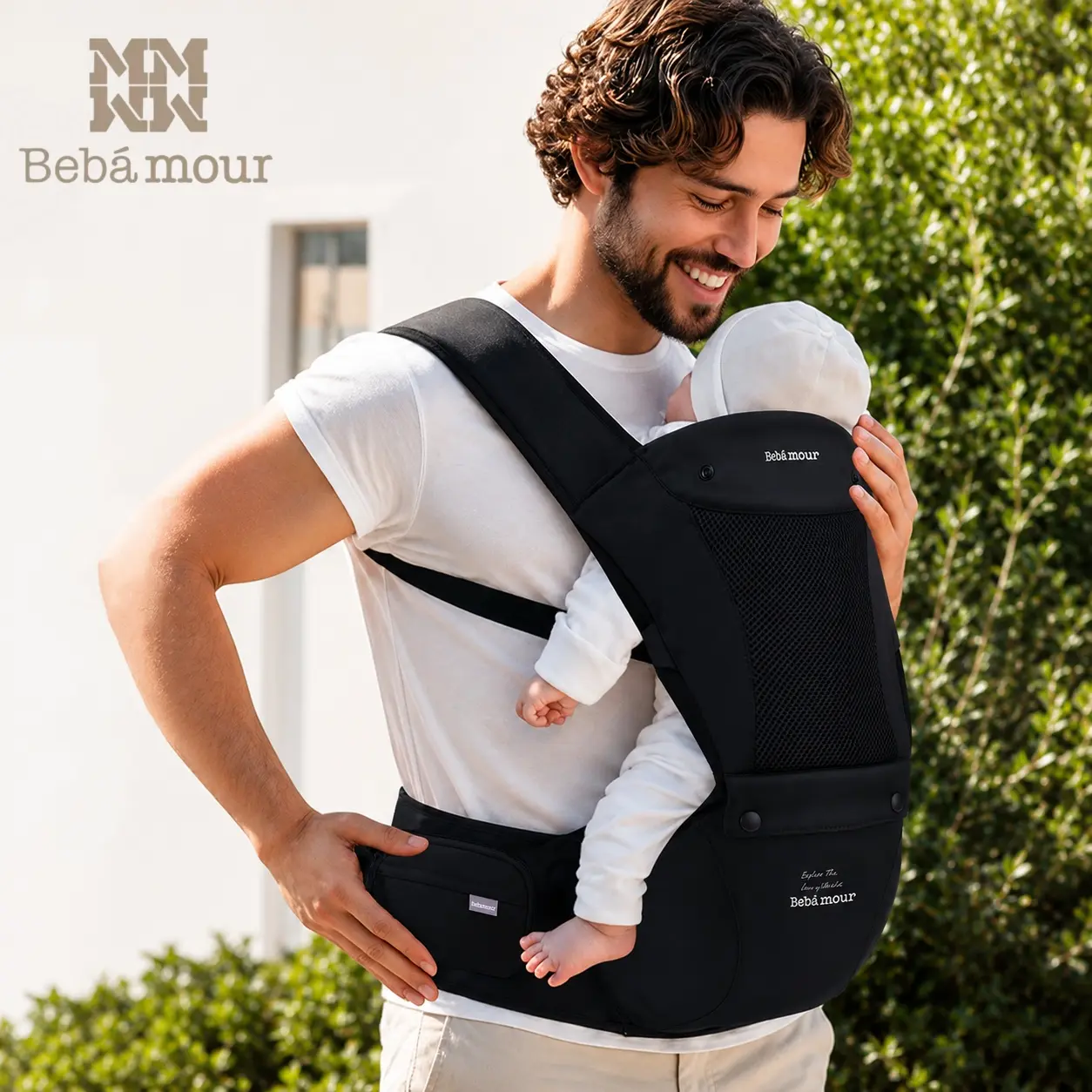BEBAMOUR Adjustable Ergonomic Unisex Hip Seat Baby Carrier Harness, Hands-Free Lightweight Breathable Mesh, Infant Bibs Set, 0-36 Months All-Position Design with Head Hood, Harness Carrier Baby Carriers