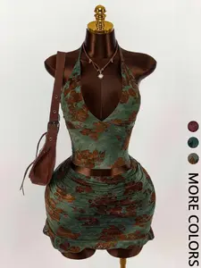 Women's Floral Print Deep V Neck Crop Top & Tight Mini Skirt Set, Sexy Two-Piece Fit for Back-To-School Season, Matching Outfits