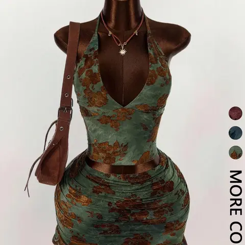 Women's Floral Print Deep V Neck Crop Top & Tight Mini Skirt Set, Sexy Chic Two-Piece for Back-To-School Season Clothing Sets