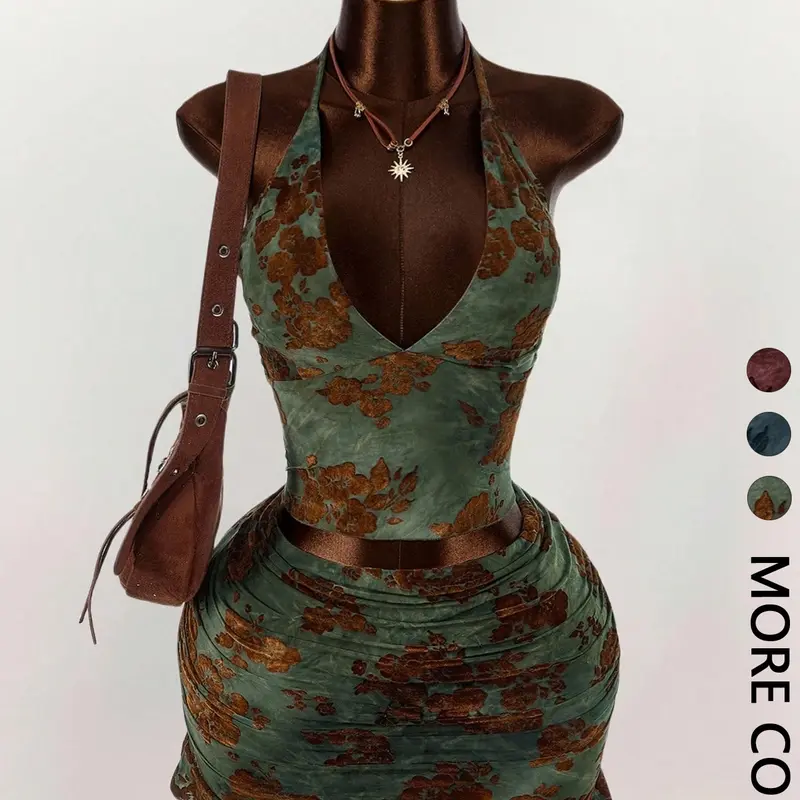 Women's Floral Print Deep V Neck Crop Top & Tight Mini Skirt Set, Sexy Chic Two-Piece for Back-To-School Season Clothing Sets