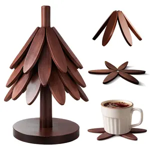 Natural Wood Trivet Set – 4 Foldable Heat-Resistant Trivets with Storage Stand, Durable Solid Wood Coasters for Hot Pots, Dishes, Bowls & Teapots