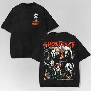 Ghostface Scream Classic Horror Movie Graphic T Shirt Acid Wash Oversized Vintage Retro Heavyweight Cotton Tee Y2K Pump Cover Gym Apparel Slasher Streetwear Goth Macabre Spooky Season Loose Fit Summer Top For Men And Women Alt Trendy Fits