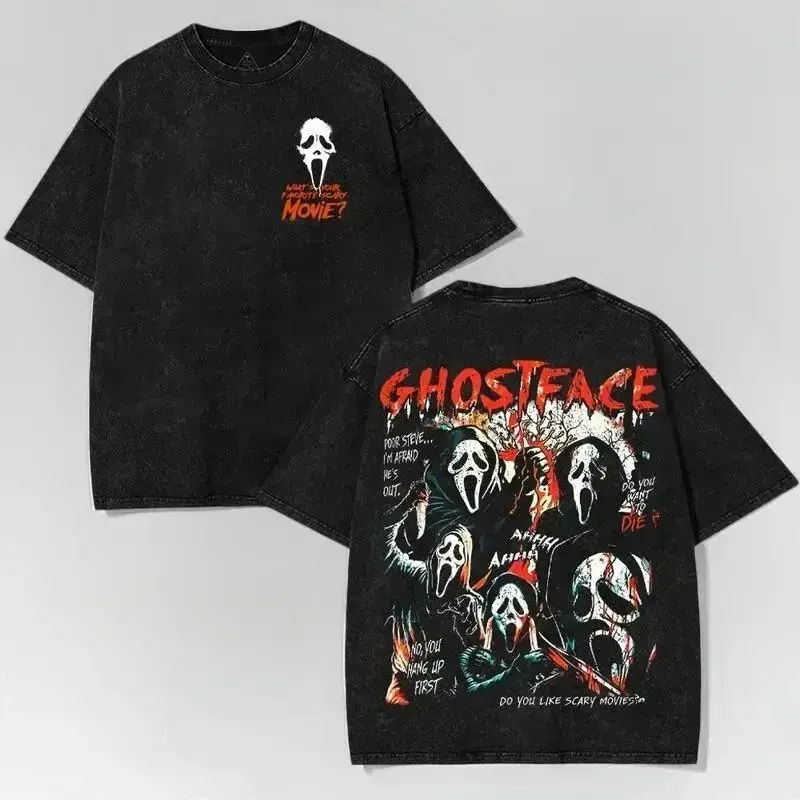 Ghostface Scream Classic Horror Movie Graphic T Shirt Acid Wash Oversized Vintage Retro Heavyweight Cotton Tee Y2K Pump Cover Gym Apparel Slasher Streetwear Goth Macabre Spooky Season Loose Fit Summer Top For Men And Women Alt Trendy Fits