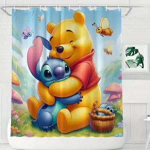 DISNEY CLASSIC Stitch Shower Curtain - Cute Cartoon Design with Stitch & Angel, Polyester Material, Machine Washable, Lightweight, Fade-Resistant, Durable, All-Season Bathroom Decor