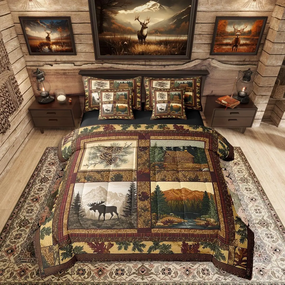 Hunting Theme 7 Piece Bedding Set,Deer Cabin Lodge Bed in a Bag,Retro Patchwork Bed Set,Includes Comforter,Sheet Set,Pillowcases & Pillow Covers